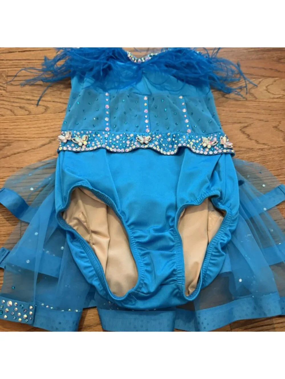Kelle Costumes Large Child Blue Jazz Tap Musical Theater Feathers Rhinestones
